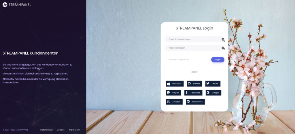 Webhosting Verwaltung / Zugangsdaten 1 STREAMPANEL Kundencenter Login